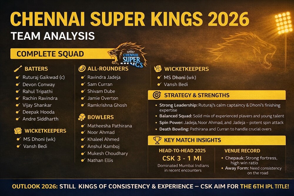 Chennai Super Kings Team Analysis 2026 – Complete Squad, Strategy & Match Insights