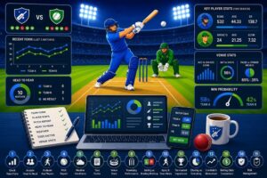 Free cricket betting tips dashboard showing player statistics, team form, pitch reports, weather analysis, and live cricket match insights.